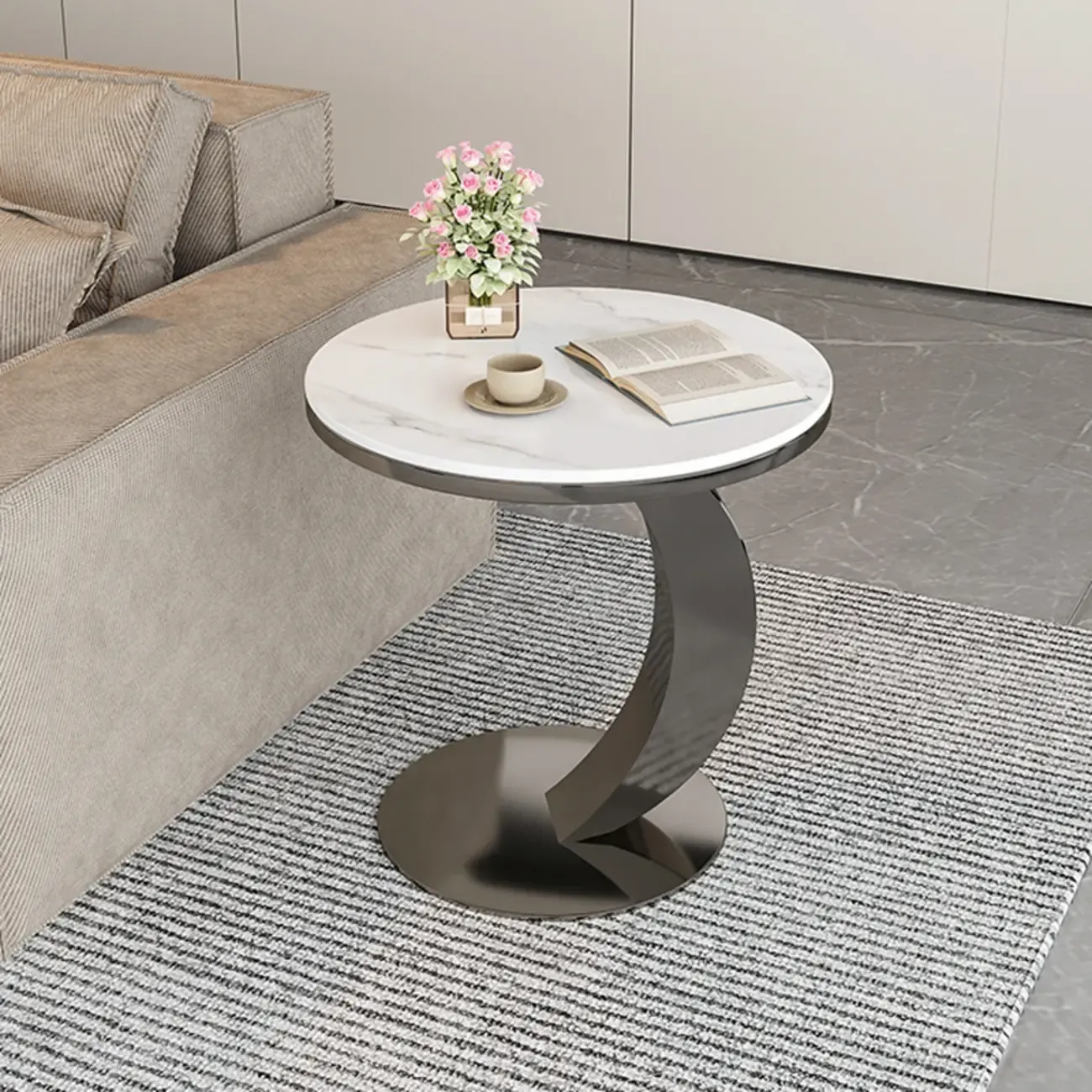 Modern C-Shaped Round Marble Side Table for Living Room