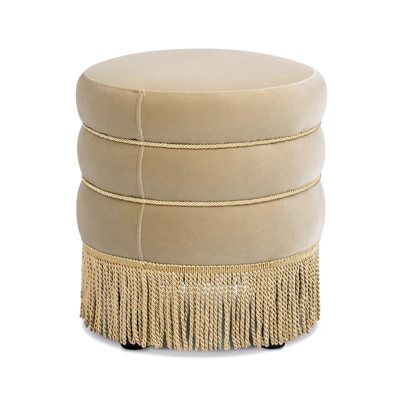 Edward 17.5 Round Upholstered Ottoman with Gold Bullion Fringe
