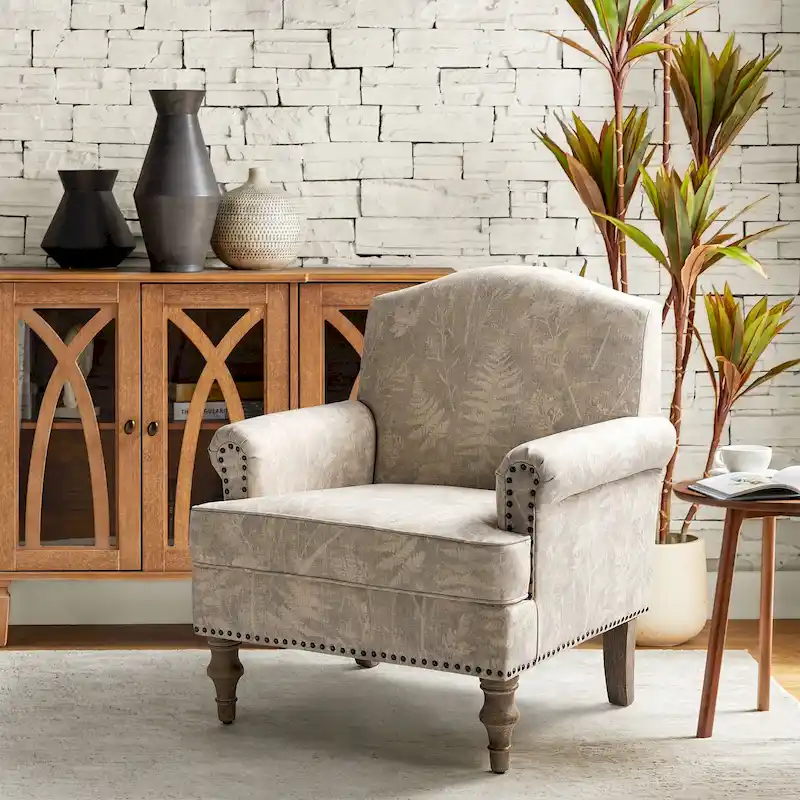 Grey/Navy Farmhouse Nailhead Camelback Armchair, 1-Person
