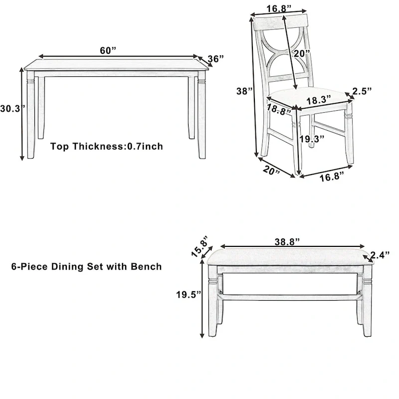 White Farmhouse 6-Piece Wooden Dining Table Set with Rectangular Table & 4 Chairs