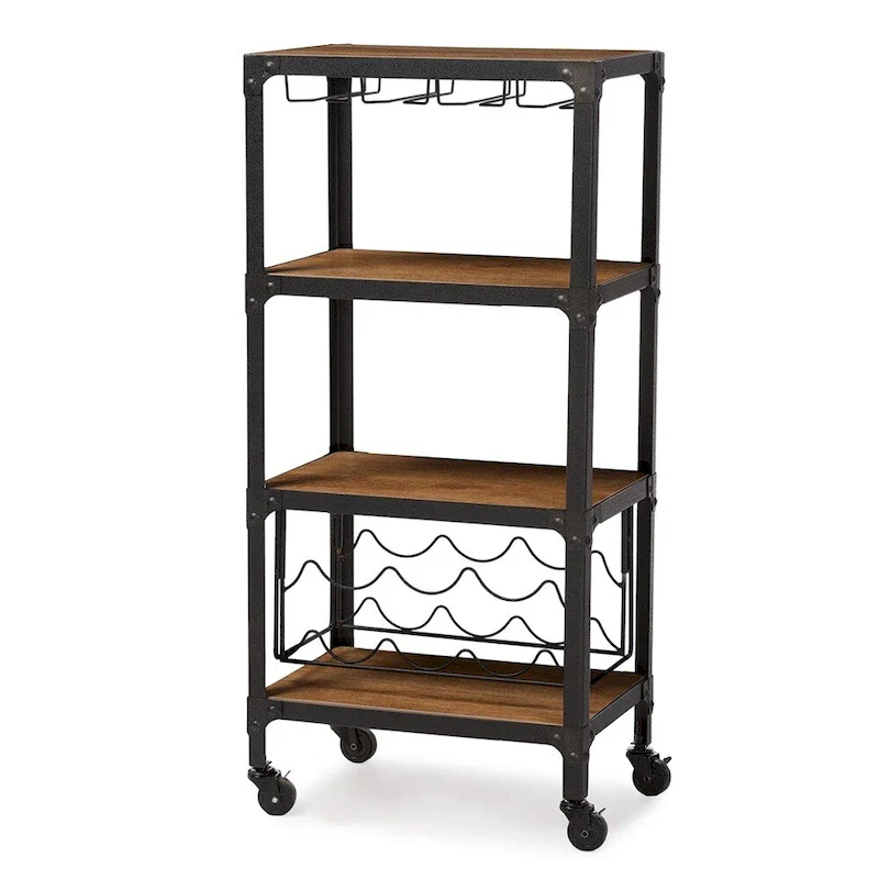 Rustic Industrial Style Antique Black Textured Finish Metal Distressed Wood Mobile Kitchen Bar Wine Storage Shelf