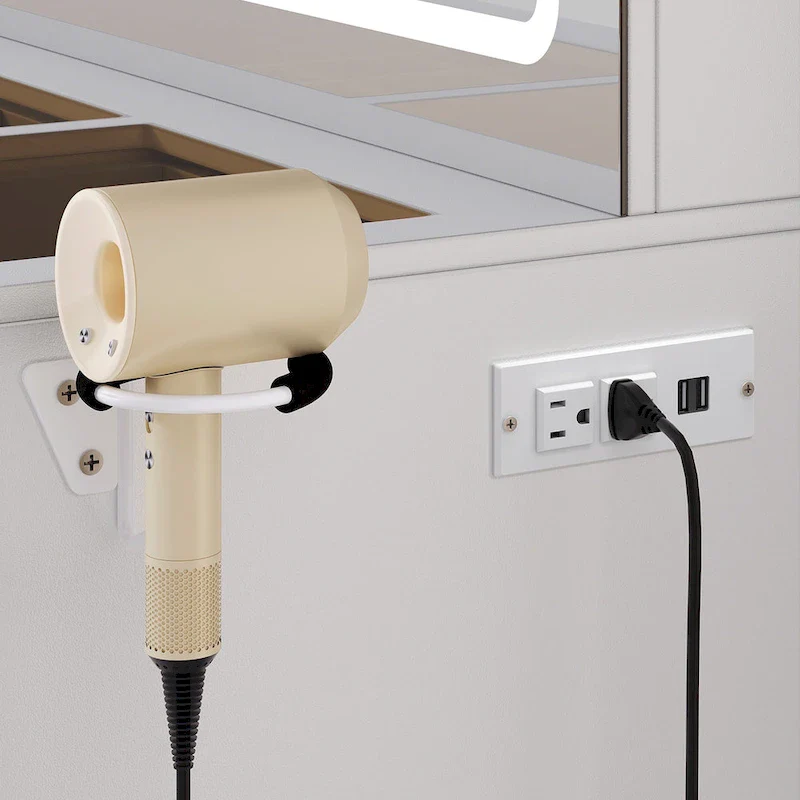 Black / White, Single-Person Vanity Desk with LED Lights, Power Outlets & Hair Dryer Rack