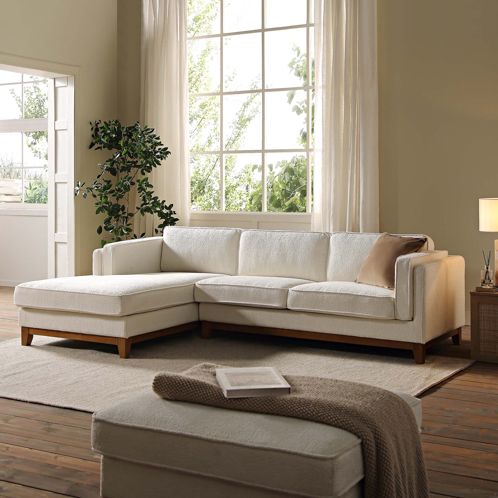 Beige Boucle Fabric Sofa, Grande Chaise Sofa Left Hand Facing