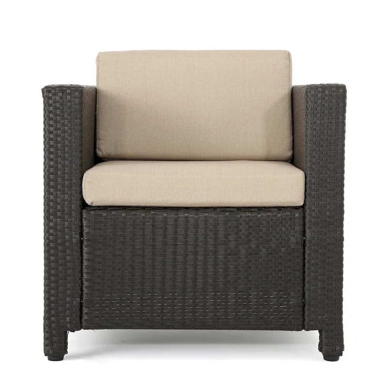 Elza Outdoor Accent Chair Set of 4, Brown Faux Rattan Wicker, Beige