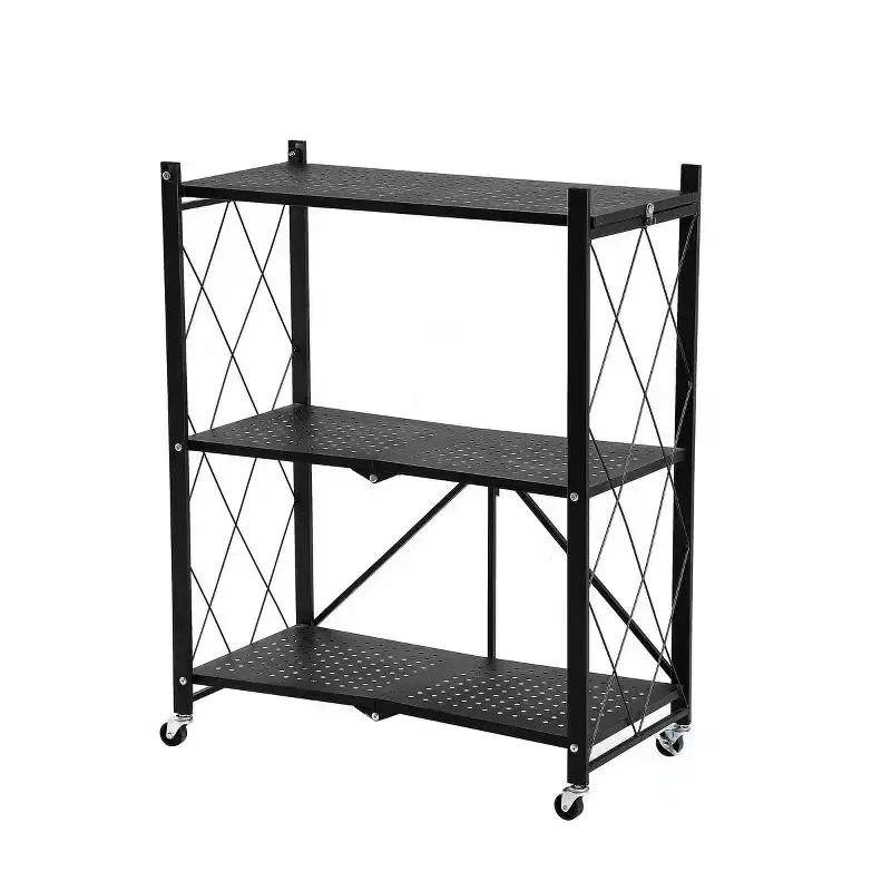 J&V TEXTILES Foldable Storage Shelf with Wheels - Metal Collapsible Shelving Unit Display, Rolling Cart for Books Kitchen Storage Shelves