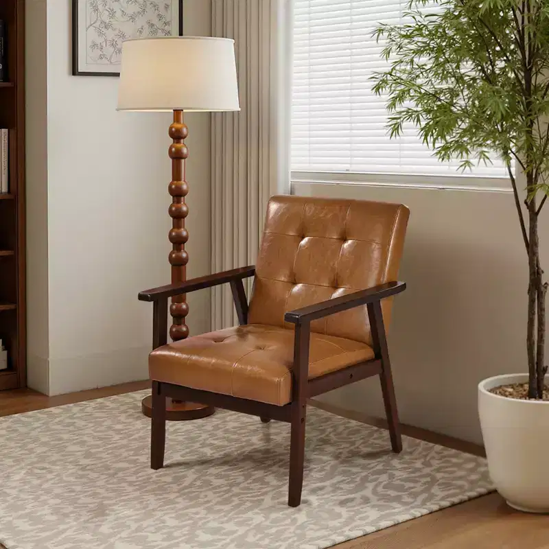 VEVOR Accent Chair, Mid Century Modern Armchair with Solid Wood Frame and Non-Slip Legs, Upholstered Leisure Chair with PU Leather, Brown
