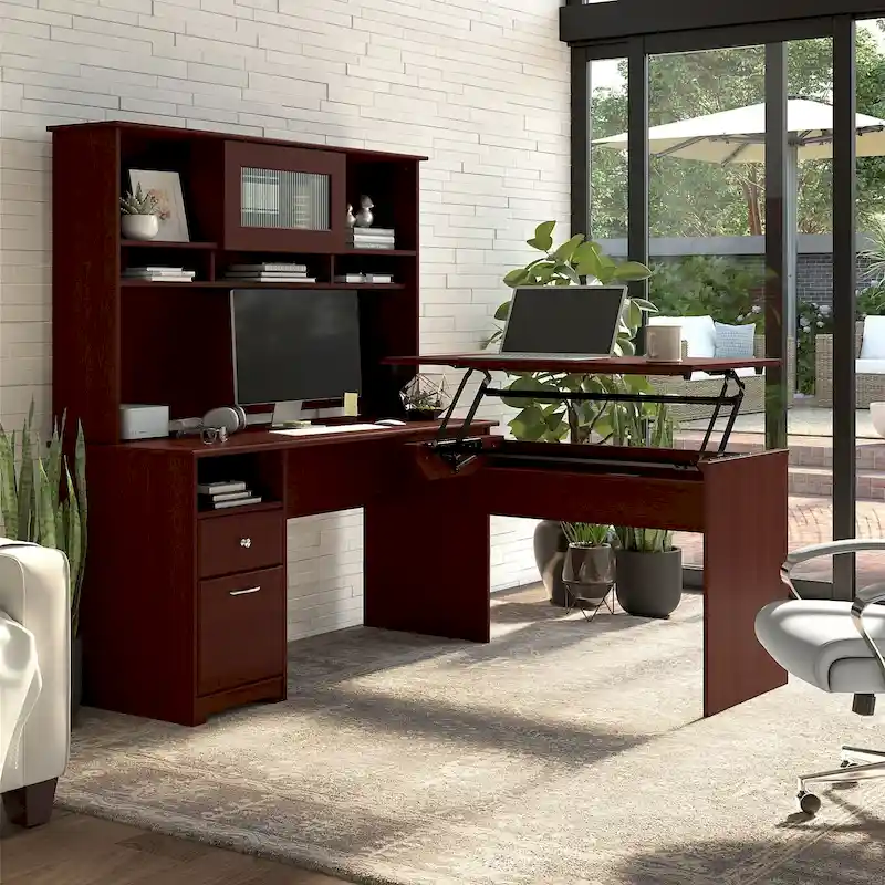 Harvest Cherry / Espresso Oak / Ash Gray / Heather Gray / Modern Gray / White – 60W L-Shaped Sit-to-Stand Desk with Hutch, 1-Person