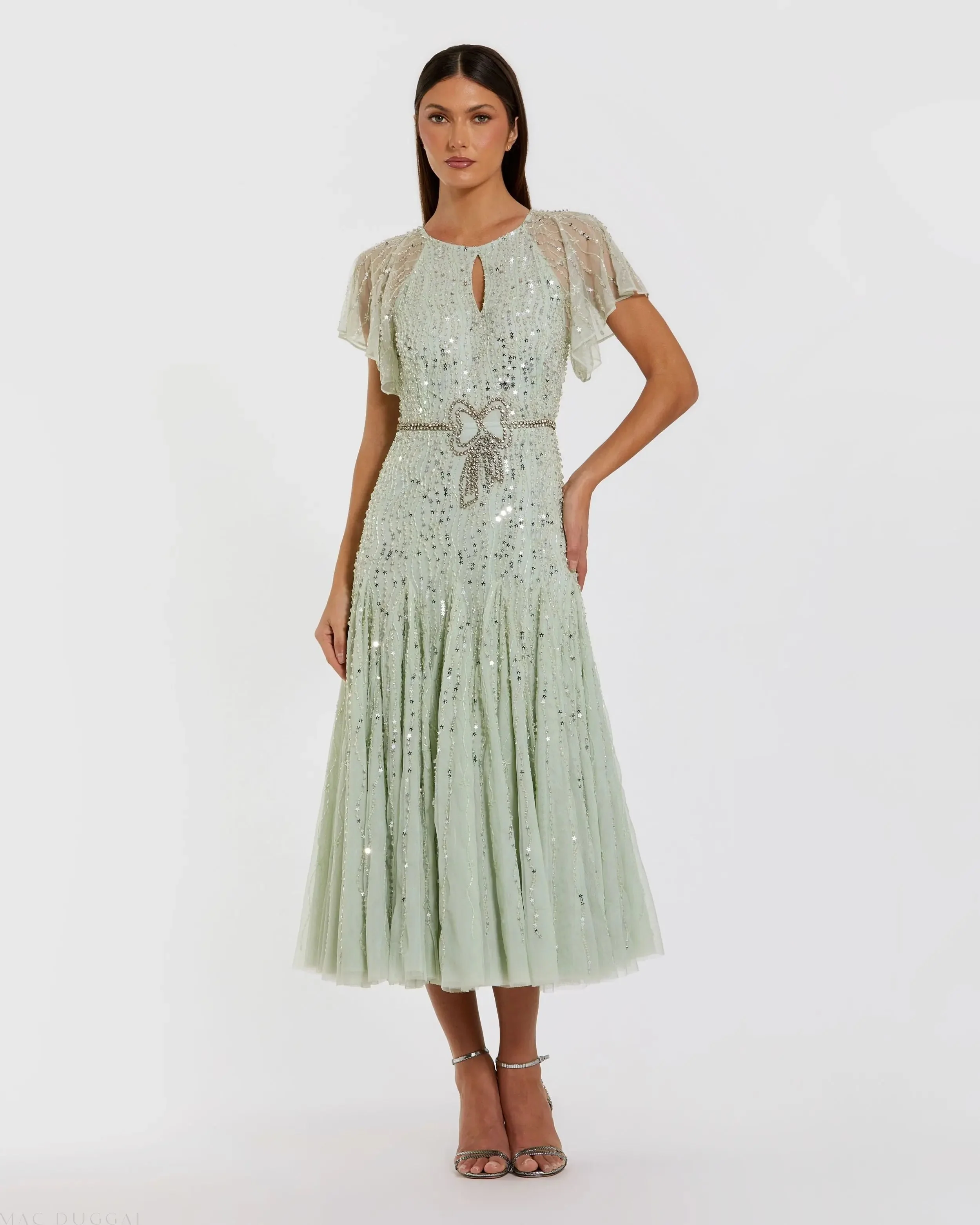 Green Embellished Bow Flutter Sleeve A Line Midi Dress
