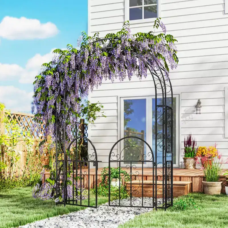 7.4ft Steel Garden Arch with Gate, Garden Arbor Trellis for Climbing Plants, Roses, Vines, Wedding Arch Stand for Outdoor,Garden,Lawn,Backyard,Black