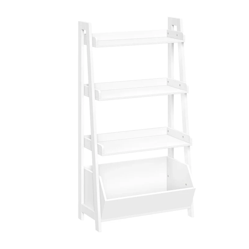 RiverRidge Amery 4-Tier 24in Ladder Shelf with Display Shelf and Storage Organizer Bin - White with 2 10  Floating Bookshelves