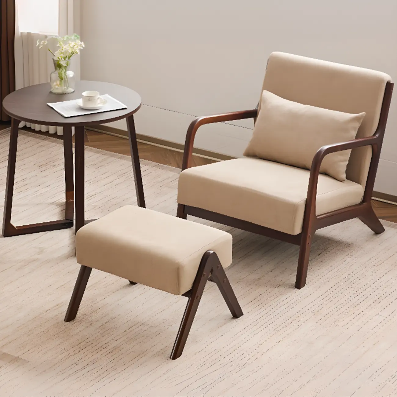 Beige Ottoman Cotton Linen Accent Arm Chair