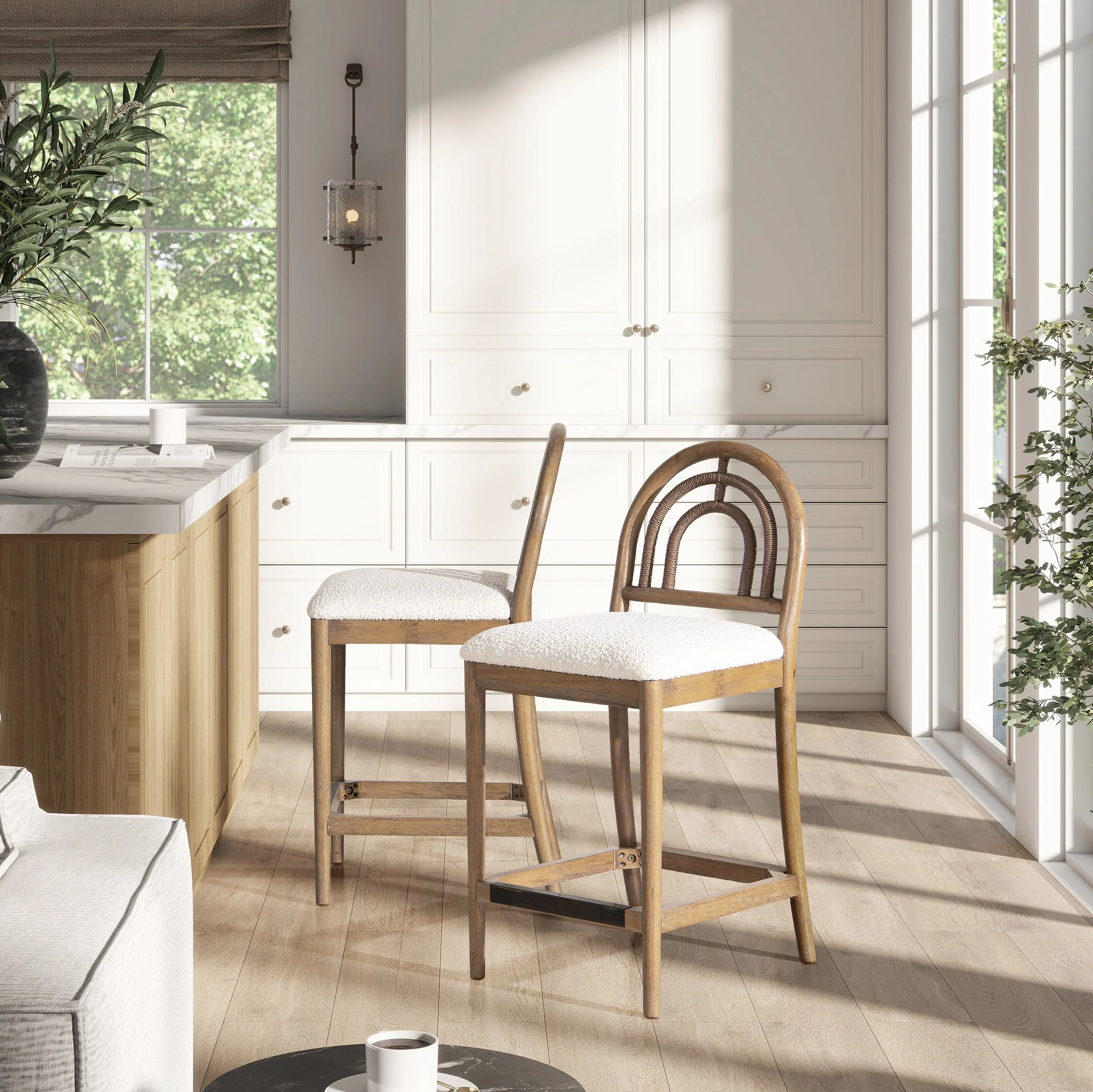 Leon 27' Arched Back Wood & Upholstered Counter Stool, Set of 2