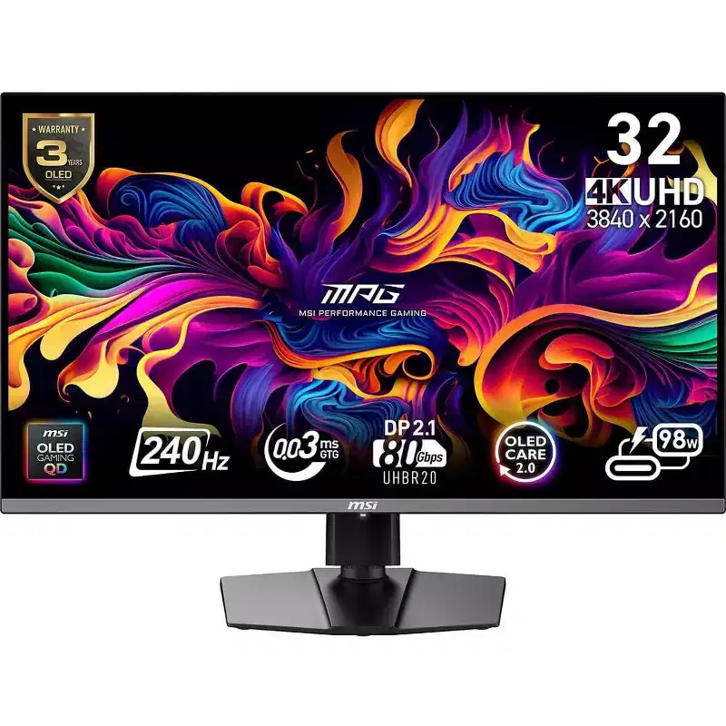 MSI MPG 322URX QD-OLED 32-inch 3840 x 2160 (UHD) Computer Monitor, 240Hz, Adaptive-Synch, HDMI, DP Port, VESA Mountable, Tilt, Speaker, 0.03ms, Black