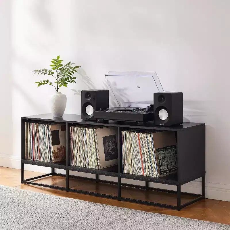Crosley 60" Enzo Large Record Storage Media Console Black: Modern Industrial Style, Melamine Veneer, Steel Legs