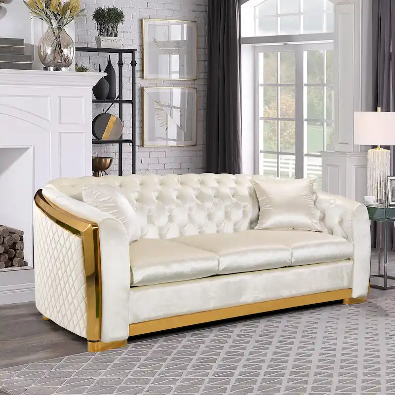 84-Inch Luxury Chesterfield Velvet Sofa with Gold Trim Detail
