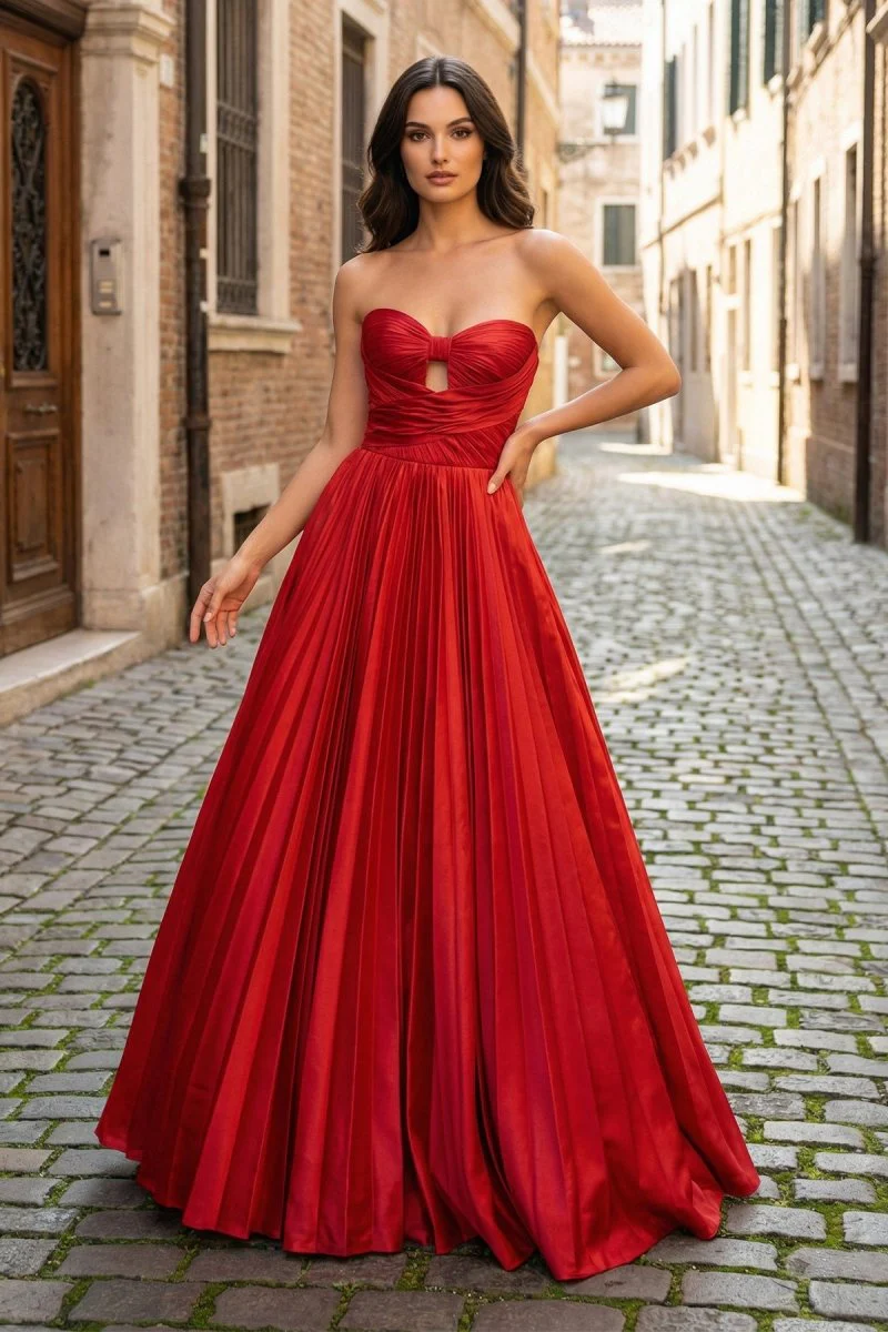 Red Satin Strapless Keyhole Ball Gown