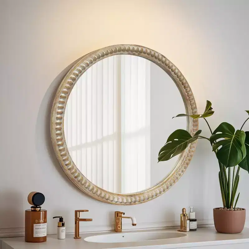 Modern Round Decorative Wall Mirror with Beaded Frame, Vanity Mirror for Bathroom, Accent Mirror for Living Room or Entryway-Panipeachy