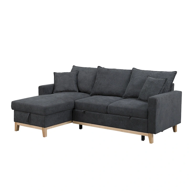Woven Reversible Sleeper Sectional Sofa with Storage Chaise, Dark Gray