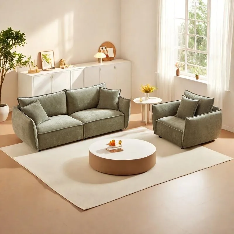 2-Pieces Linen Fabric 4-Seat Modular Sofa Set with 3+1 Seater Combo and Wooden Frame & 3 Pillows