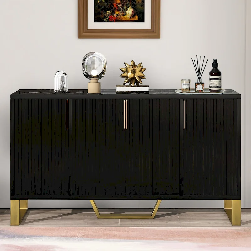 White / Black Modern Wood Sideboard with Marble-Look Top — 3-Door, 1–2 Person Use