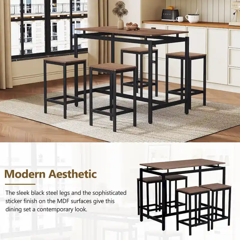 5-Piece Industrial Bar Table Set with Rectangular Table & 4 Chairs