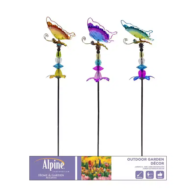 Alpine Multicolored Glass/Metal 36 in. H Butterfly/Flower/Jewels Outdoor Garden Stake - Case of 24