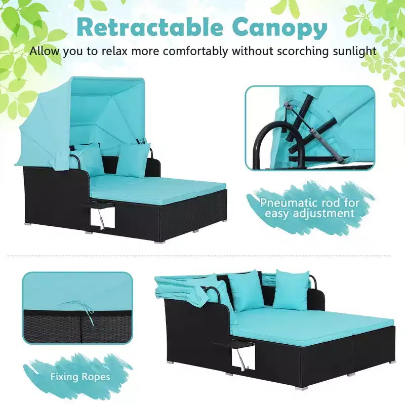 Costway Patio Rattan Daybed Lounge Retractable Top Canopy Side Tables Cushions Off White/Red/Turquoise/Beige