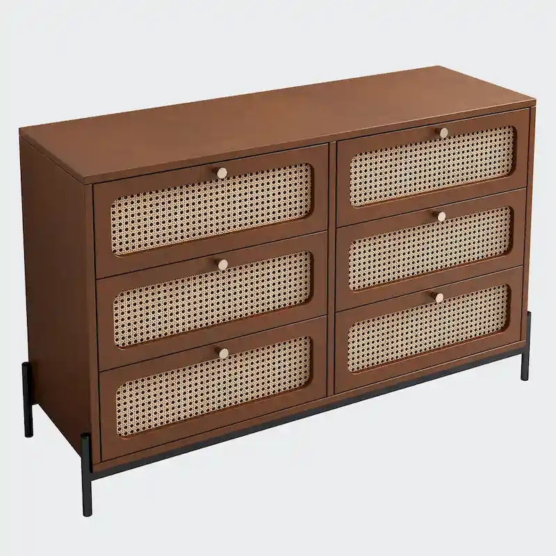 Walnut / Black Rattan 6-Drawer Dresser with Metal Legs & Round Knobs – Single