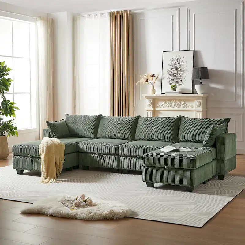 Green Corduroy Modular Sectional Sofa with Storage, 6-Piece