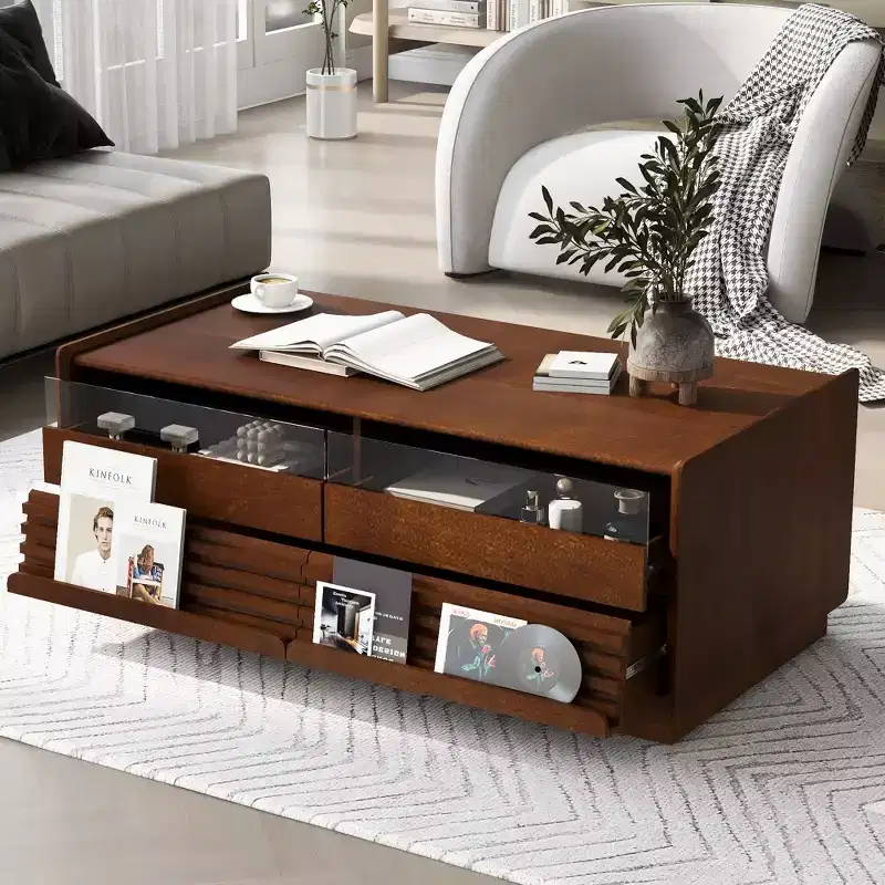 JVNOXK 47.2-inch Modern Wooden Rectangular Coffee Table with 4 Drawers and 2 Display Shelves, Tempered Glass Top, Suitable for Living Room, Brown