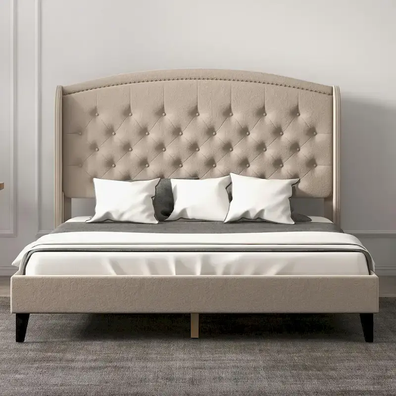 Upholsted Bed Frame with Wingback Headboard, Full Size