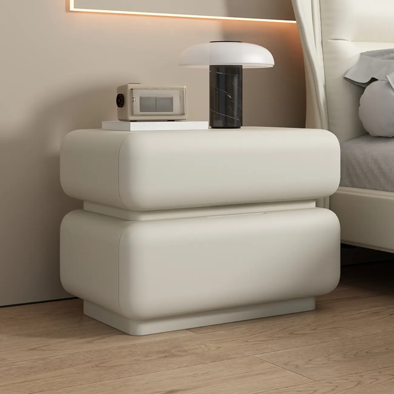 Modern Off-White Faux Leather 2-Drawer Nightstand
