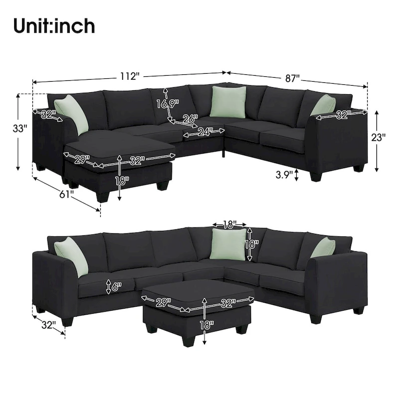 112-inch L-shaped 7-seat Modular Sectional Sofa with Ottoman and Three Pillows - 112W x 87D x 33H