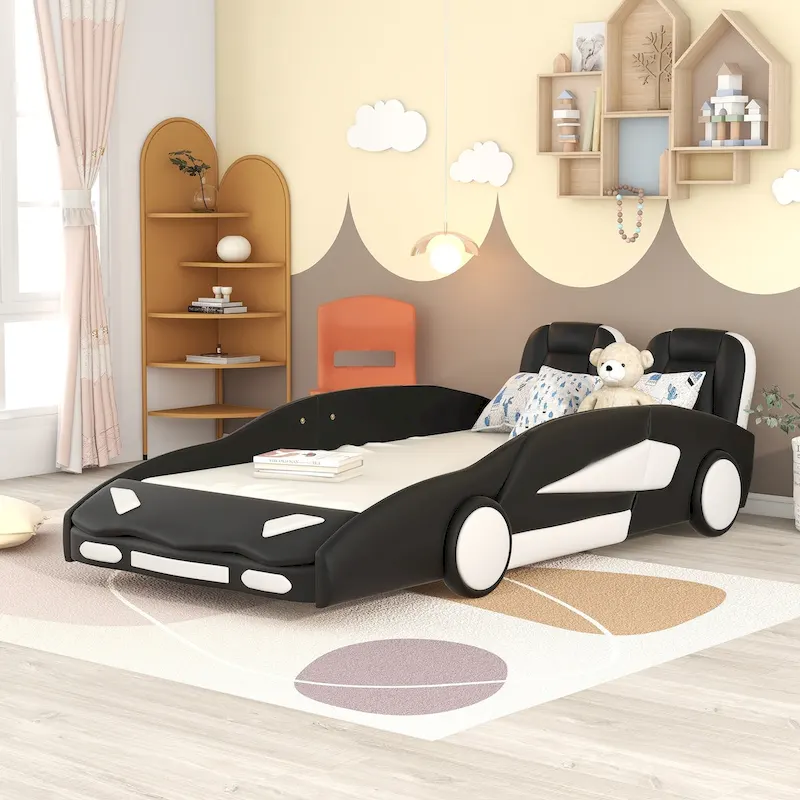 Black/White Race Car-Shaped Platform Bed, Twin, 1-Person