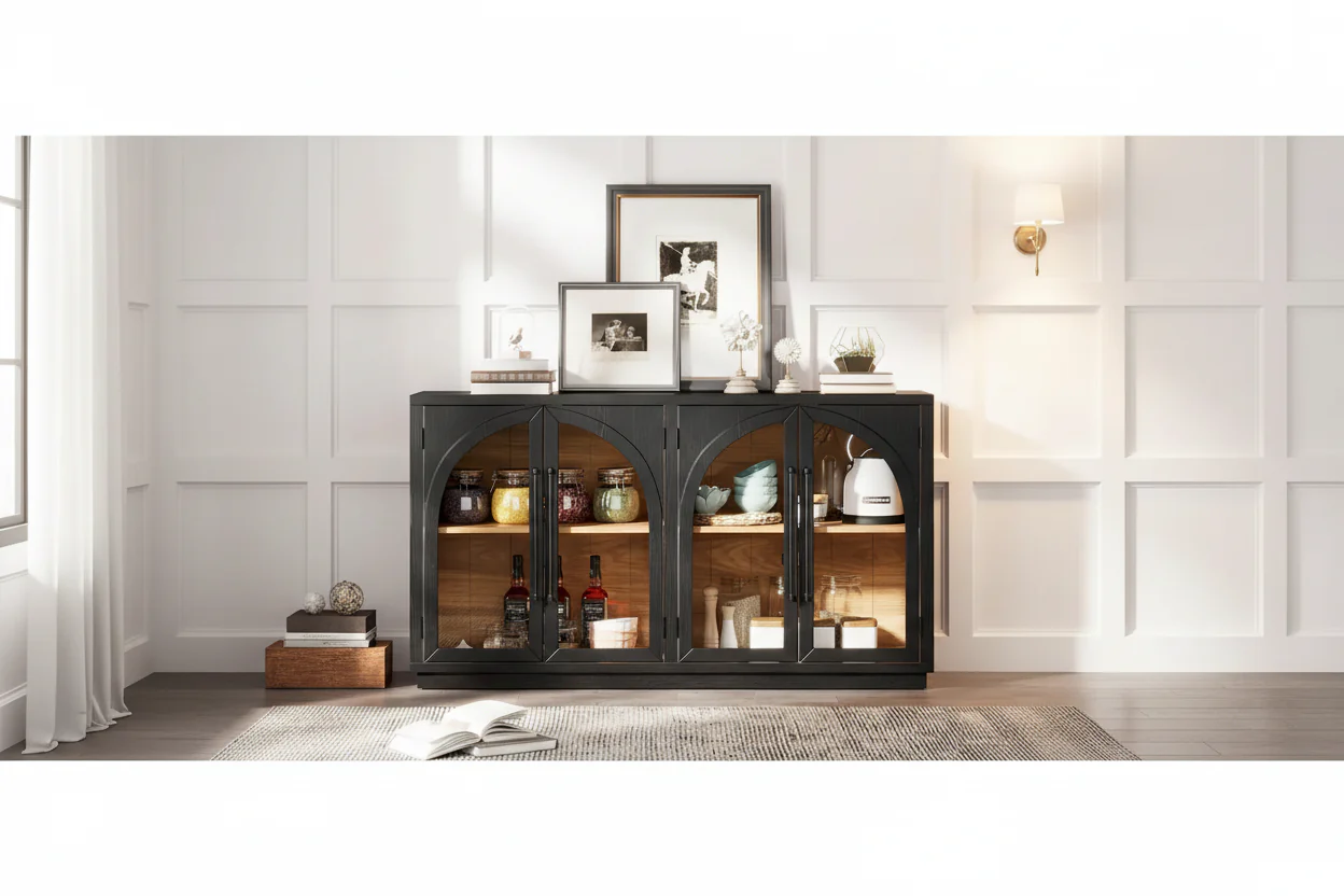 Navy / Black Retro 4-Door Glass Cabinet Sideboard