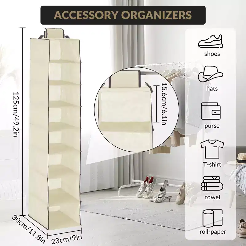 3-Tier Hanging Shoe Organizer for Closet, 8-Shelf Storage Holder with 2 Hooks, No Tools Needed Installation, Space-Saving Shelf for Shoes, Purses