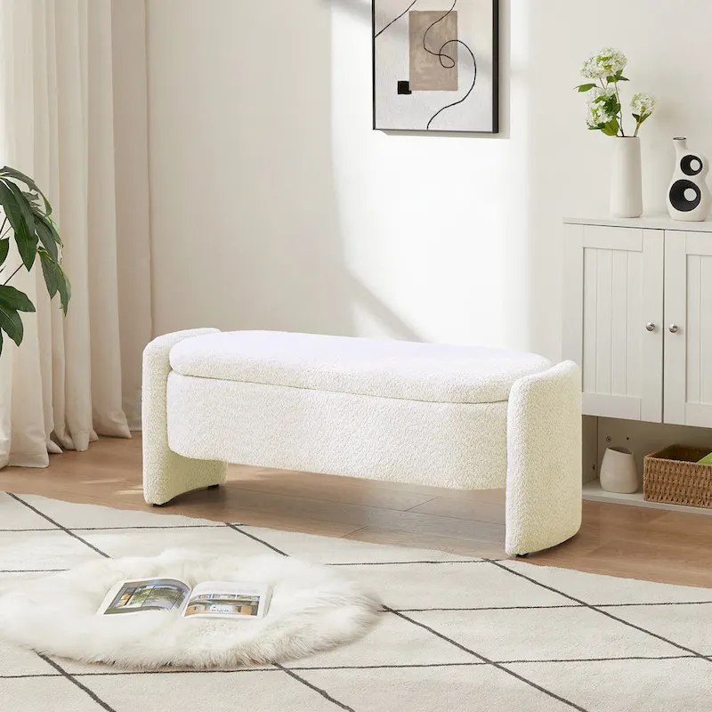 Storage Ottoman Bench 3D Lamb Fleece High-Density Foam Eucalyptus Wood Rounded Edges