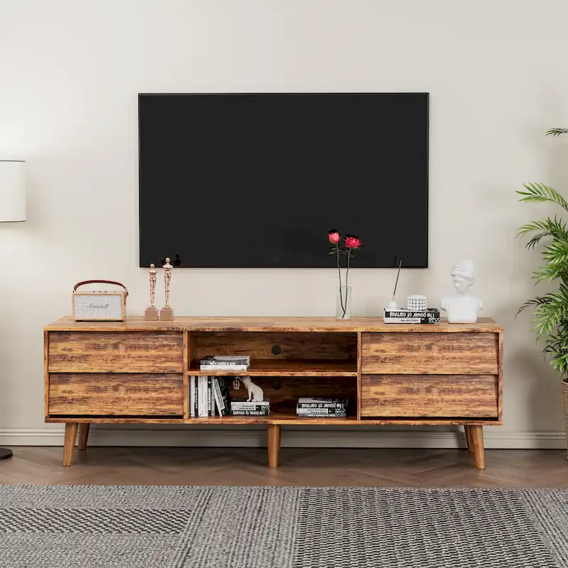 Brown / Black Vintage-Style TV Stand with 4 Drawers & 2 Shelves, Fits up to 60