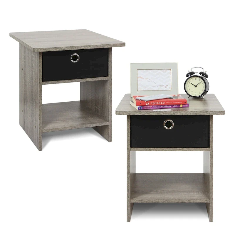 End Table Night Stand with Bin Drawer & Shelf – French Oak/Amber Pine, 1 or 2 Pack