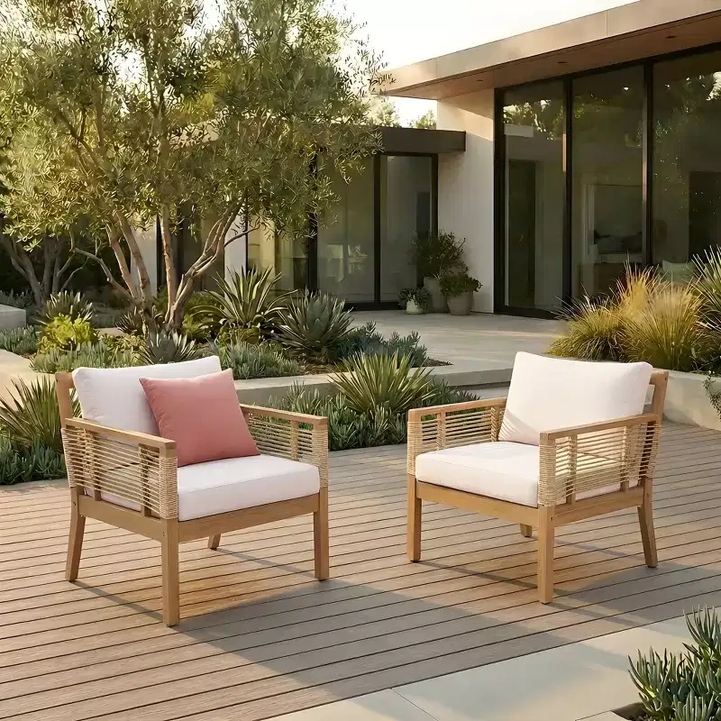 GDFStudio Brynn Patio Acacia Wood Club Chairs with Hand-Woven Twist Rope, Set of 2