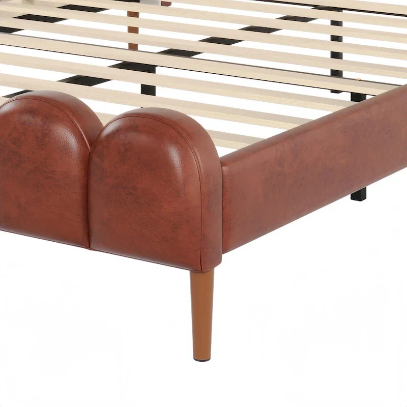 Leather Upholstered Bed with Headboard & Footboard, Solid Wood Slats & Legs