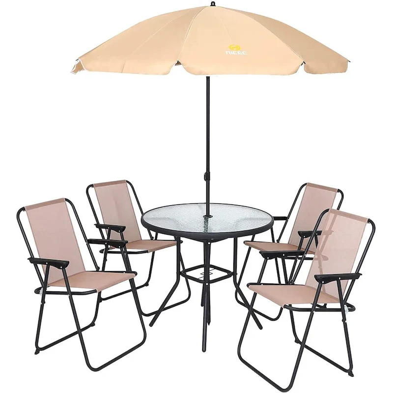 Patio Dining Set, Set of 6 Garden Outdoor Furniture Set with Tilted Umbrella, 31.5 Round Table, and 4 Folding Chairs (Beige)