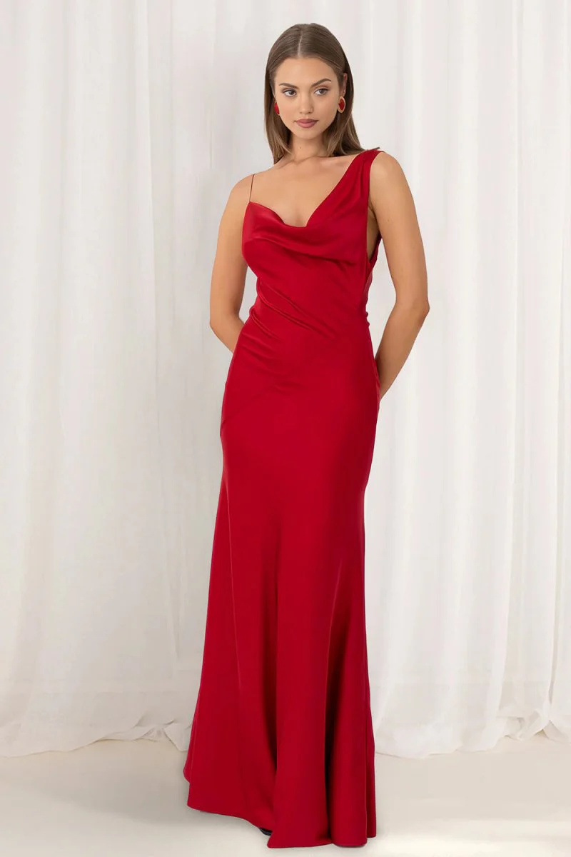 Red Cowl Neck Sleeveless Sheath Satin Backless Long Prom Dresses