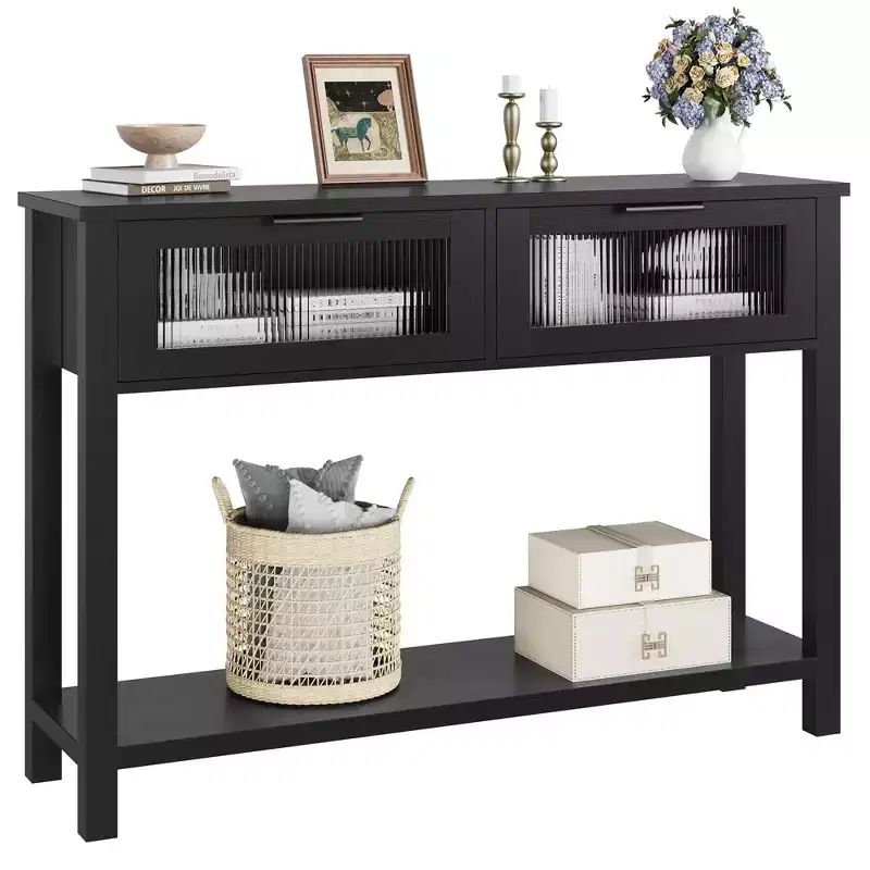 GustoWave 43'' Wood Console Table for Entryway  2-Tier Sofa Table with 2 Glass Drawers and Storage, Ideal for Living Room and Foyer