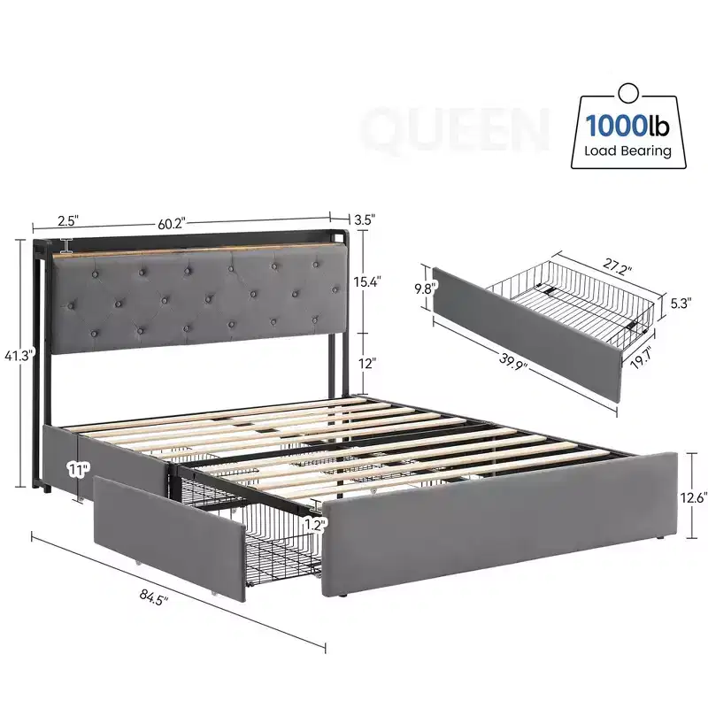 WhizMax Full Size Bed Frame with Charging Station and 4 Storage Drawers, Gray Velvet Upholstered Platform Bed with Storage Headboard and Wooden slats
