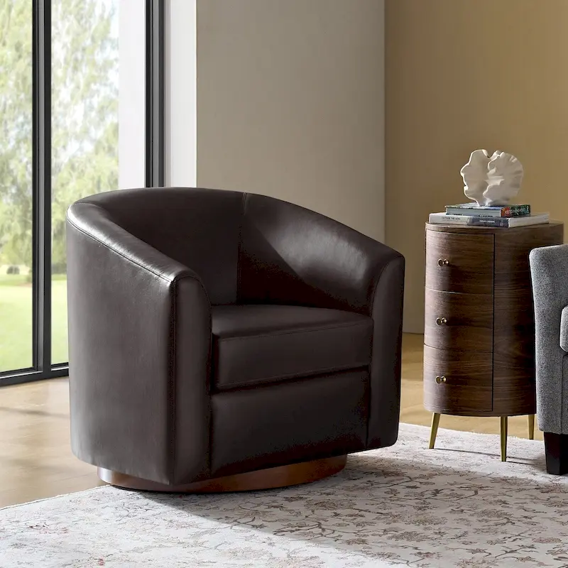 Haley Modern Swivel Barrel Faux Leather Chair with Solid Wood Base by