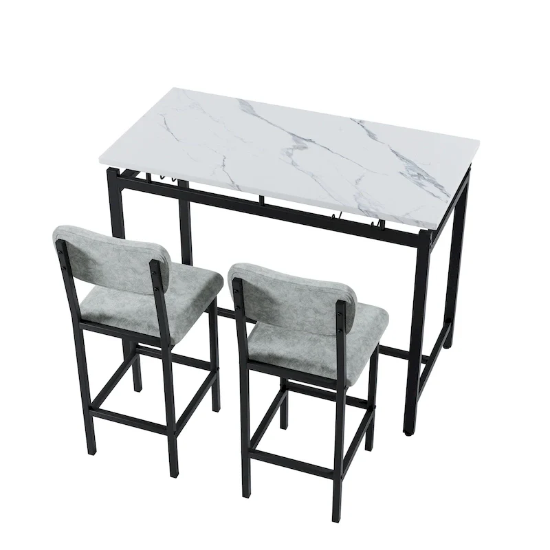 White Marble-Top Bar Table Set with 2 Stools, 2-Person