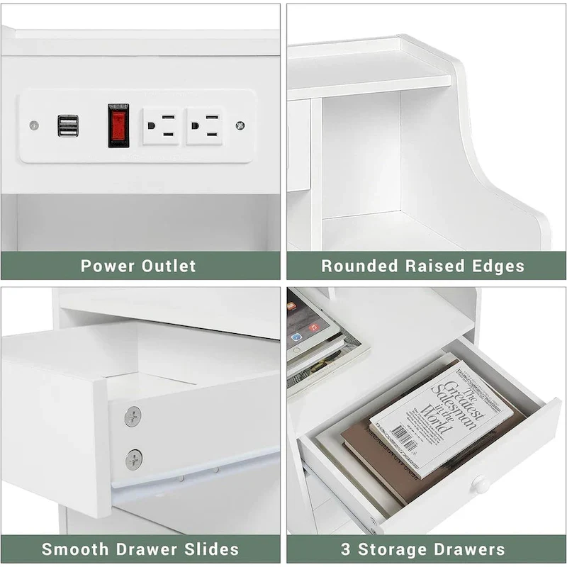 White / Pink / Grey / Black 3-Drawer Nightstand with Charging Station, Single