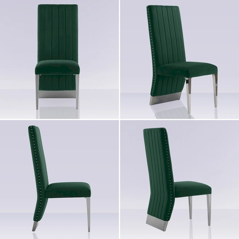 Modern Channel High Back Dining Chairs with Nailhead Trims and Polished Metal Legs