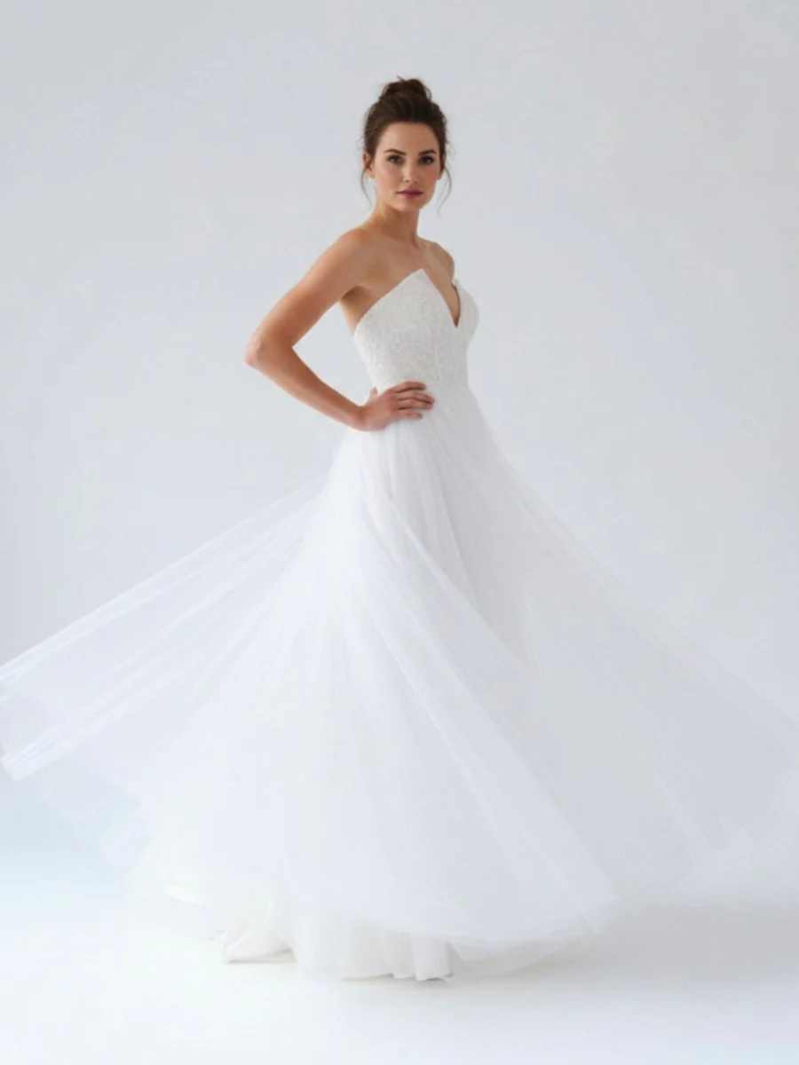 V Neck Sleeveless A-Line Long Tulle Backless White Wedding Dress